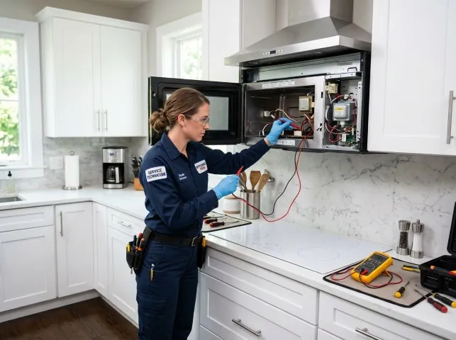 Appliance Repair Hero technician testing an over-the-range microwave in a Beloit, OH kitchen